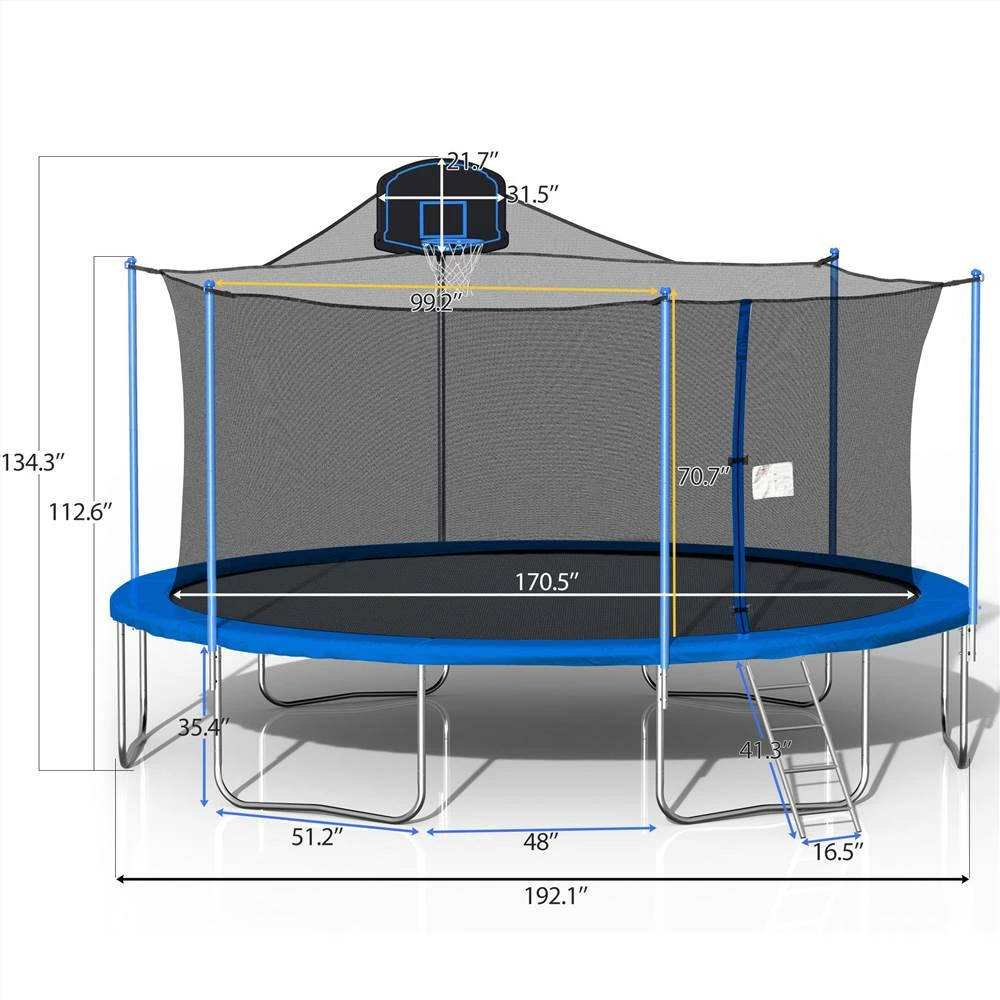 16FT Trampoline For Kids With 360-degree Safety Net, Ladder And Basketball Hook - Blue 4 16FT Trampoline For Kids With 360-degree Safety Net, Ladder And Basketball Hook - Blue - Image 2