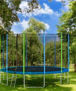 16FT Trampoline For Kids With Safety Enclosure Net, Ladder And 12 Wind Stakes, Round Outdoor Recreational Trampoline - Blue
