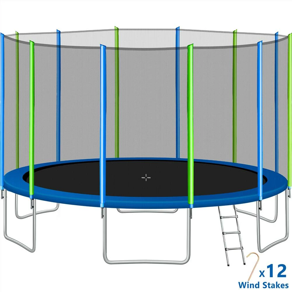 16FT Trampoline For Kids With Safety Enclosure Net, Ladder And 12 Wind Stakes, Round Outdoor Recreational Trampoline - Blue 8 16FT Trampoline For Kids With Safety Enclosure Net, Ladder And 12 Wind Stakes, Round Outdoor Recreational Trampoline - Blue - Image 6