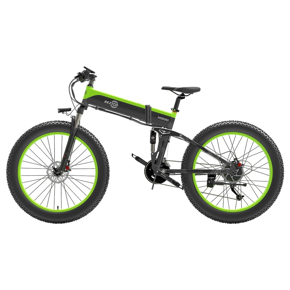BEZIOR X1500 Folding Electric Mountain Bike 26*4.0 Inch Fat Tires 12.8Ah 48V 1500W 40Km/h 100KM Mileage Max Load 200KG Shimano 27-Speed Shifter - Black Green 4 BEZIOR X1500 Folding Electric Mountain Bike 26*4.0 Inch Fat Tires 12.8Ah 48V 1500W 40Km/h 100KM Mileage Max Load 200KG Shimano 27-Speed Shifter - Black Green - Image 2