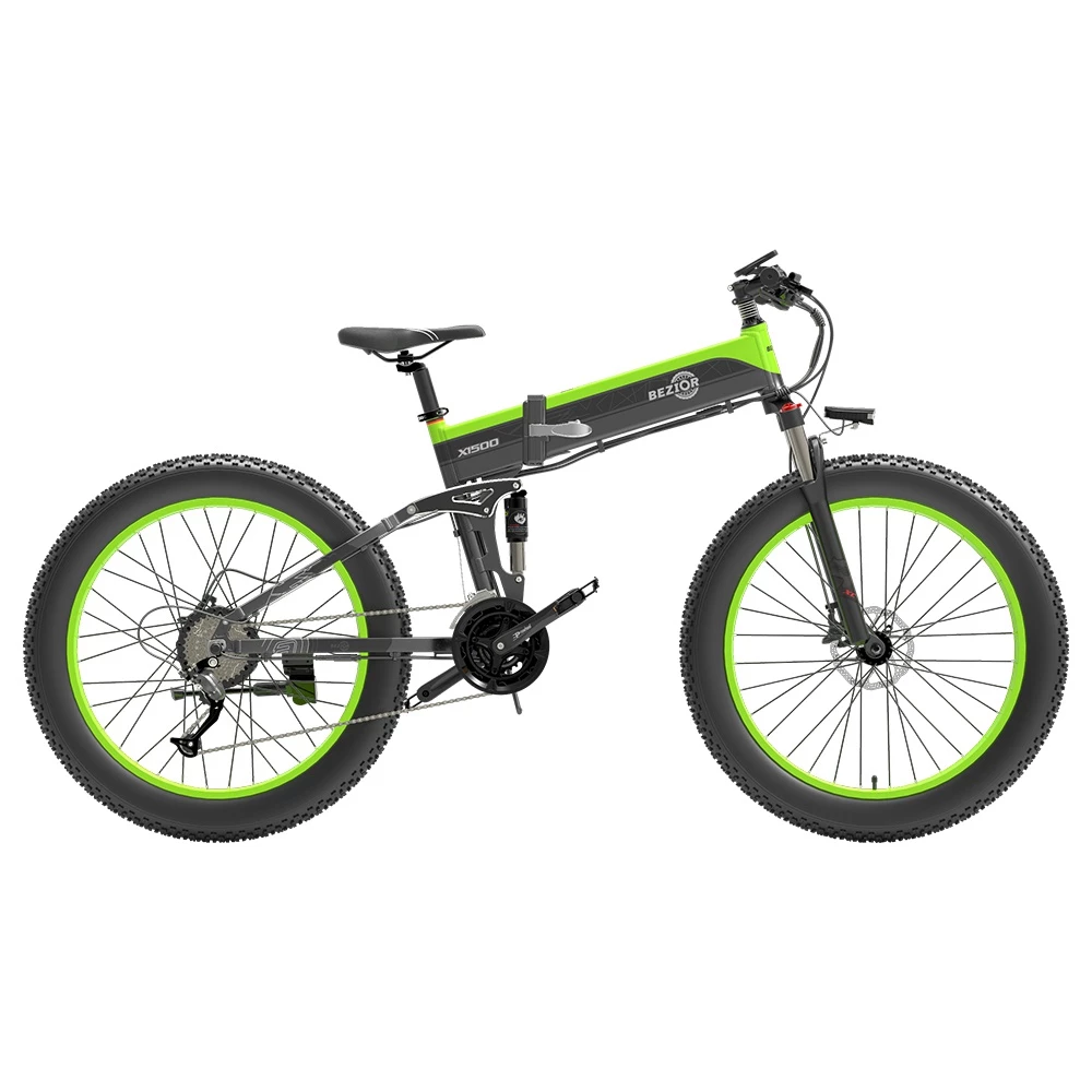 BEZIOR X1500 Folding Electric Mountain Bike 26*4.0 Inch Fat Tires 12.8Ah 48V 1500W 40Km/h 100KM Mileage Max Load 200KG Shimano 27-Speed Shifter - Black Green 5 BEZIOR X1500 Folding Electric Mountain Bike 26*4.0 Inch Fat Tires 12.8Ah 48V 1500W 40Km/h 100KM Mileage Max Load 200KG Shimano 27-Speed Shifter - Black Green - Image 3