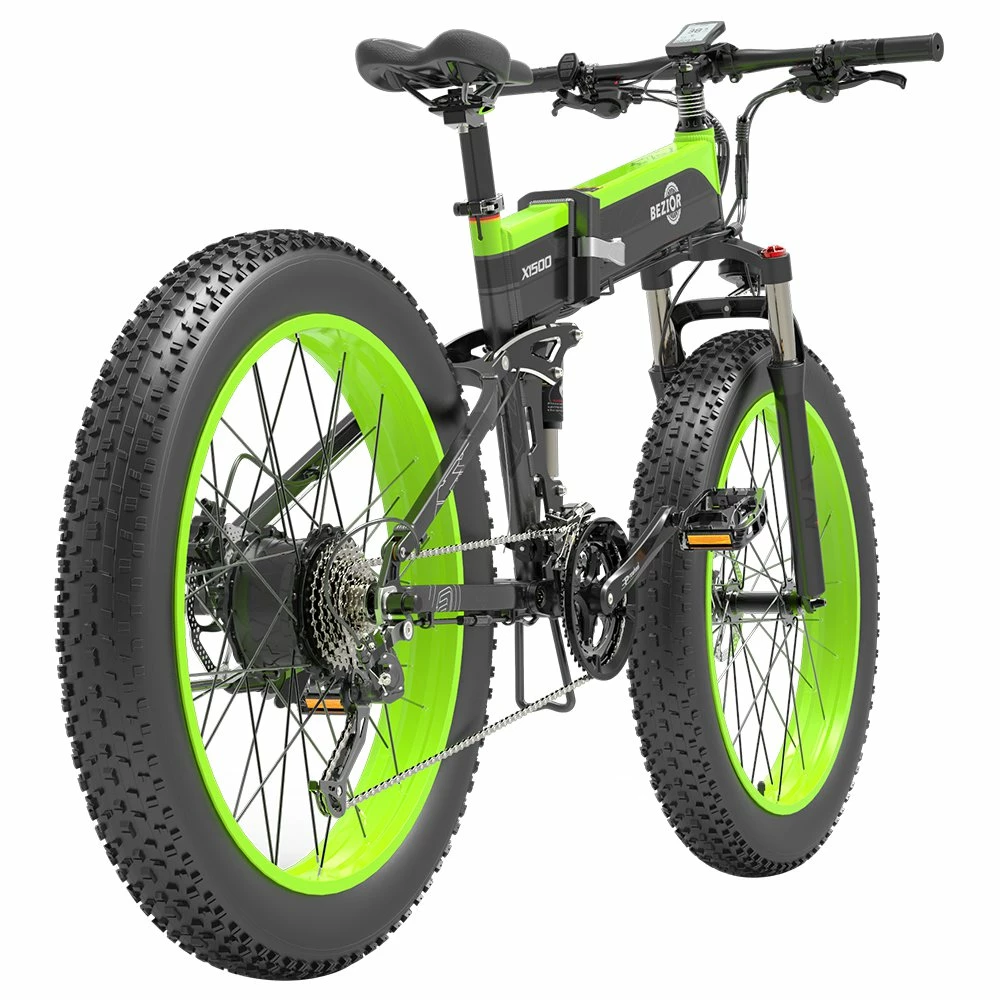 BEZIOR X1500 Folding Electric Mountain Bike 26*4.0 Inch Fat Tires 12.8Ah 48V 1500W 40Km/h 100KM Mileage Max Load 200KG Shimano 27-Speed Shifter - Black Green 7 BEZIOR X1500 Folding Electric Mountain Bike 26*4.0 Inch Fat Tires 12.8Ah 48V 1500W 40Km/h 100KM Mileage Max Load 200KG Shimano 27-Speed Shifter - Black Green - Image 5