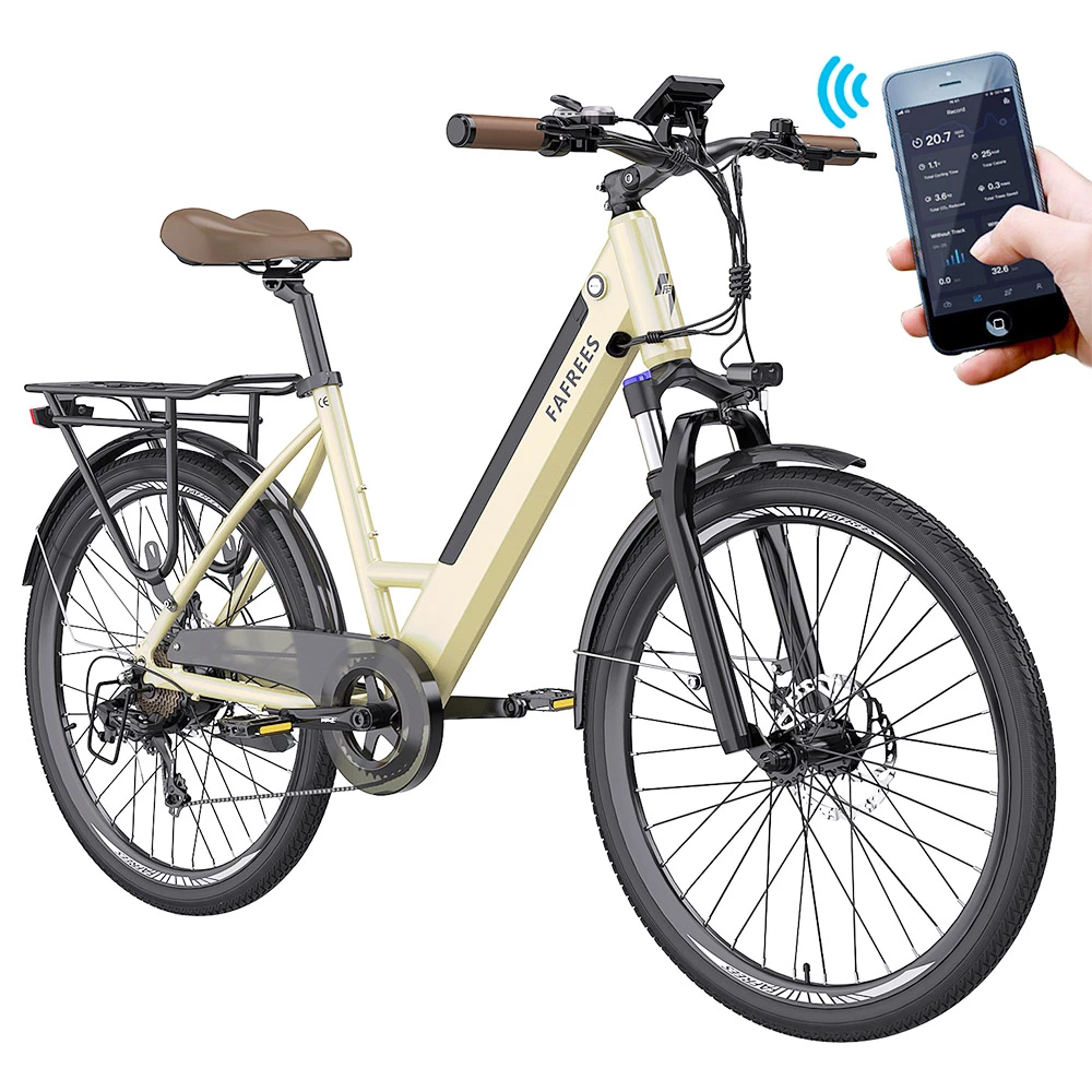 FAFREES F26 Pro City E-Bike 26 Inch Step-through Electric Bicycle 25Km/h 250W Motor 36V 10Ah Embedded Removable Battery Shimano 7 Speed Dual Disc Brakes APP Connect - Golden 3 FAFREES F26 Pro City E-Bike 26 Inch Step-through Electric Bicycle 25Km/h 250W Motor 36V 10Ah Embedded Removable Battery Shimano 7 Speed Dual Disc Brakes APP Connect - Golden