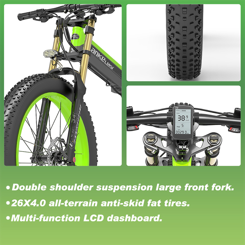 LANKELEISI T750 Plus Big Fork Electric Bike 26*4.0 Inch Fat Tire 1000W Motor 40Km/h Max Speed 48V 17.5Ah Battery 100KM Range Shimano 27-Speed 180KG Max Load - Green LANKELEISI T750 Plus Big Fork Electric Bike 26*4.0 Inch Fat Tire 1000W Motor 40Km/h Max Speed 48V 17.5Ah Battery 100KM Range Shimano 27-Speed 180KG Max Load - Green -rockbros-shop LANKELEISI T750 Plus Big Fork Electric Bike 17 5Ah Battery Green 502676 2