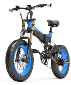 LANKELEISI X3000 Plus Folding Electric Mountain Bike Big Fork 20*4.0 Inch Fat Tires 48V 1000W Motor 17.5Ah Battery 43Km/h Max Speed Shimano 7-Speed Gear IP54 Waterproof - Black & Blue