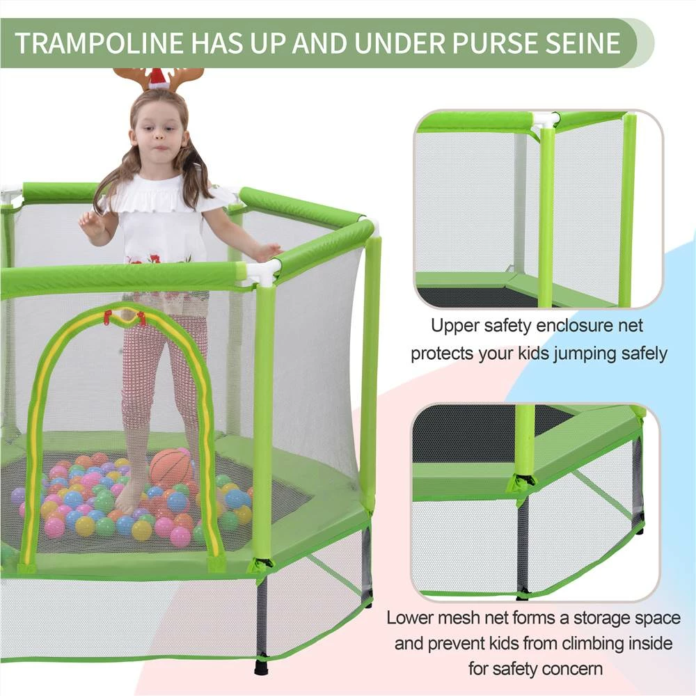 55" Toddlers Trampoline With Safety Enclosure Net And Ocean Balls, Indoor Outdoor Mini Trampoline For Kids - Green 6 55" Toddlers Trampoline With Safety Enclosure Net And Ocean Balls, Indoor Outdoor Mini Trampoline For Kids - Green - Image 4