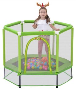 55" Toddlers Trampoline With Safety Enclosure Net And Ocean Balls, Indoor Outdoor Mini Trampoline For Kids - Green