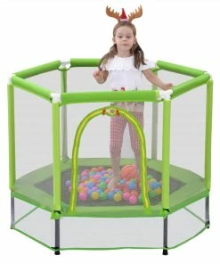 55" Toddlers Trampoline With Safety Enclosure Net And Ocean Balls, Indoor Outdoor Mini Trampoline For Kids - Green