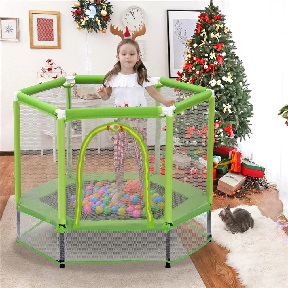 55" Toddlers Trampoline With Safety Enclosure Net And Ocean Balls, Indoor Outdoor Mini Trampoline For Kids - Green 7 55" Toddlers Trampoline With Safety Enclosure Net And Ocean Balls, Indoor Outdoor Mini Trampoline For Kids - Green - Image 5