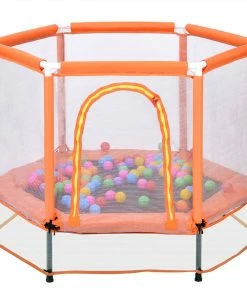 55" Toddlers Trampoline With Safety Enclosure Net And Ocean Balls, Indoor Outdoor Mini Trampoline For Kids - Orange