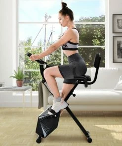 Merax Foldable Cycling Exercise Bike With LCD Screen Adjustable Height And Arm Resistance Bands For Indoor Workout - White -rockbros-shop Merax Foldable Cycling Bike with LCD Screen Adjustable Height and Arm 426383 1 2