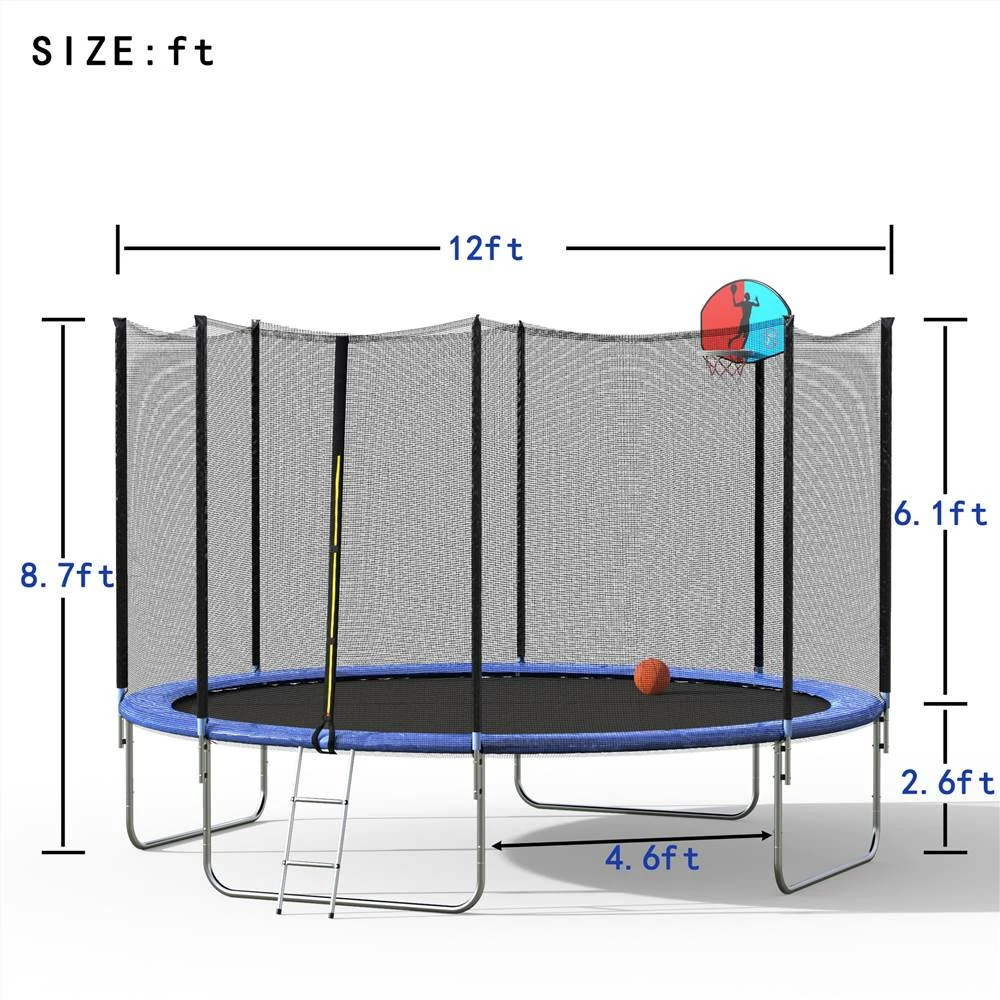12FT Trampoline With Safety Enclosure Net & Ladder, Spring Cover Padding, Basketball Hoop -Blue 4 12FT Trampoline With Safety Enclosure Net & Ladder, Spring Cover Padding, Basketball Hoop -Blue - Image 2