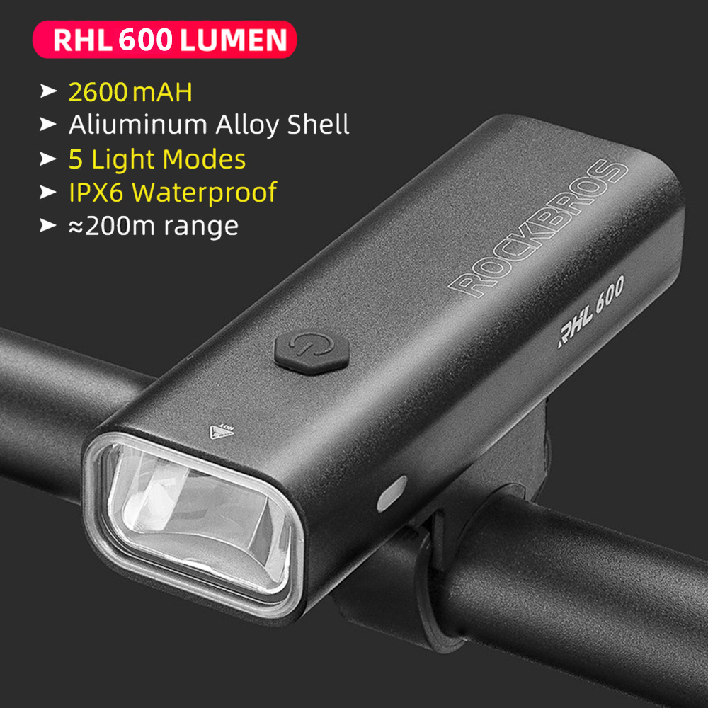 ROCKBROS Bicycle Light 600 Lumen 2600mAh Bike Headlight 5 Lightning Modes 200m Long Shot - Black ROCKBROS Bicycle Light 600 Lumen 2600mAh Bike Headlight 5 Lightning Modes 200m Long Shot - Black -rockbros-shop ROCKBROS Bicycle Light 600 Lumen 2600mAh Bike Headlight 517340 1