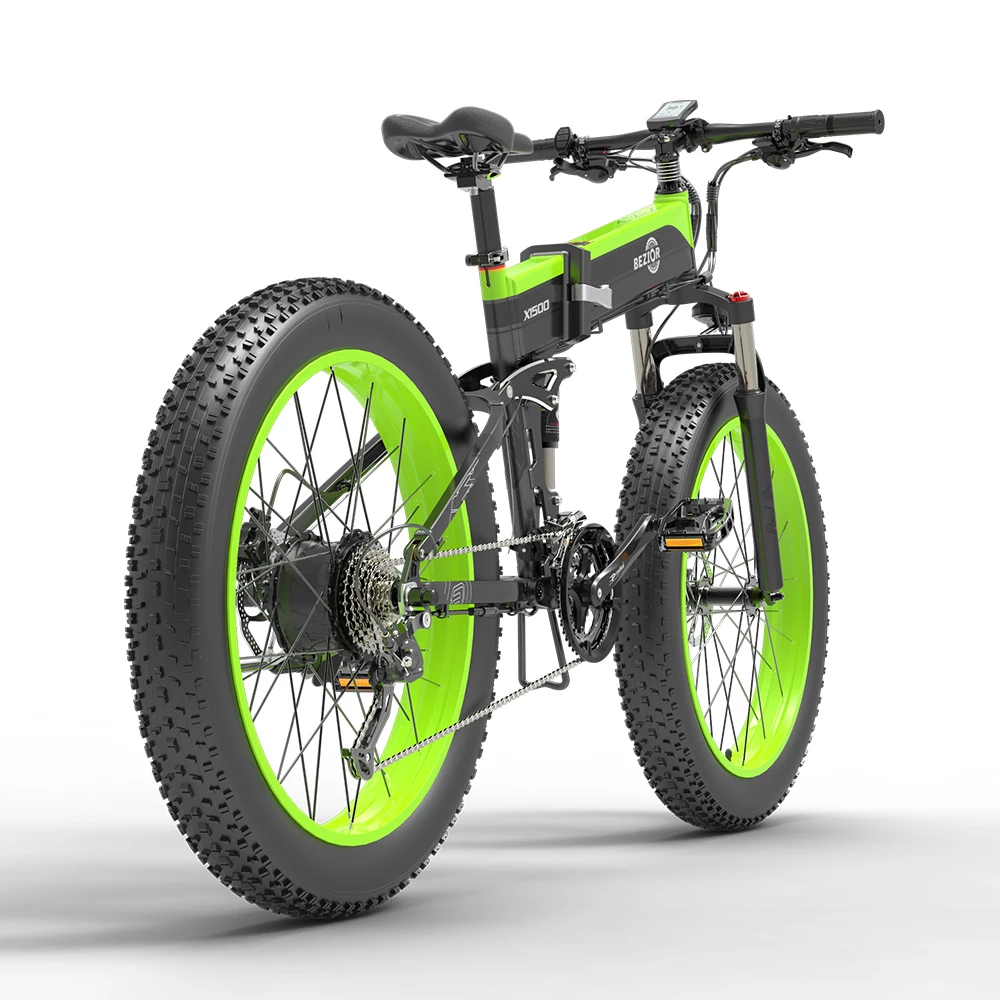BEZIOR X1500 Fat Tire Folding Electric Mountain Bike 12.8Ah Battery BMS 1500W Motor 26*4.0 Wheels Aluminum Alloy Frame Shimano 27-speed Shifter Max Speed 40km/h 100KM Power-assisted Range IP54 Oil Disc Brake MTB - Black Green 5 BEZIOR X1500 Fat Tire Folding Electric Mountain Bike 12.8Ah Battery BMS 1500W Motor 26*4.0 Wheels Aluminum Alloy Frame Shimano 27-speed Shifter Max Speed 40km/h 100KM Power-assisted Range IP54 Oil Disc Brake MTB - Black Green - Image 3