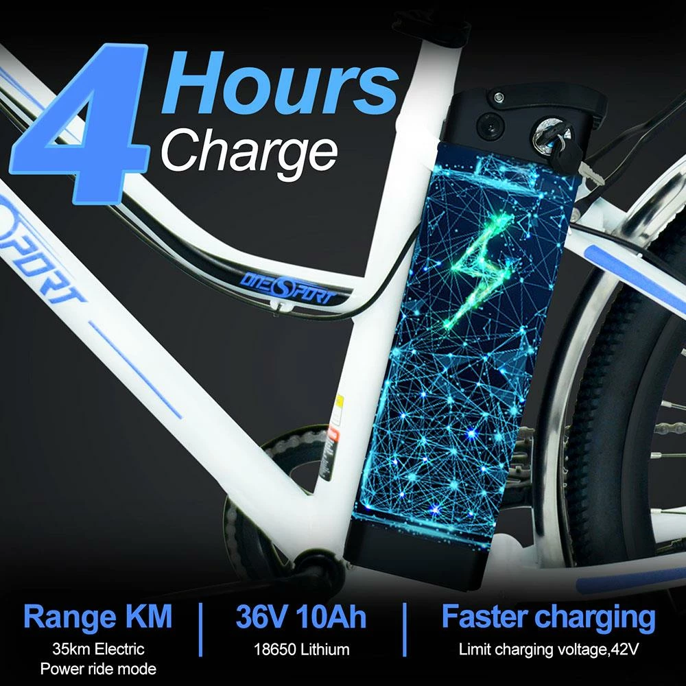 ONESPORT BK1 Electric Bike 26 Inch Tires 36V 350W Motor 10Ah Battery 25Km/h Max Speed Shimano 7 Speed Gear Front Suspension And Dual Disc Brakes 120KG Max Load - White 7 ONESPORT BK1 Electric Bike 26 Inch Tires 36V 350W Motor 10Ah Battery 25Km/h Max Speed Shimano 7 Speed Gear Front Suspension And Dual Disc Brakes 120KG Max Load - White - Image 5