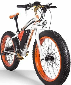 RICH BIT TOP-022 Electric Mountain Bike 26*4.0 Inch Chaoyang Fat Tires 1000W Motor 48V 17AH Battery 35Km/h Max Speed Up To 60km Range Dual Disc Brake LCD Display IP54 Waterproof - White Orange